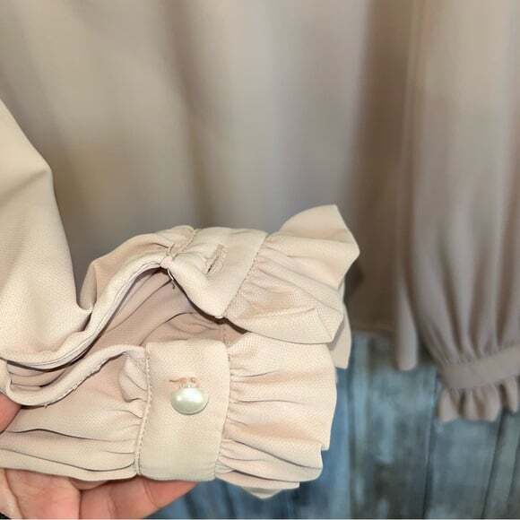 Zenana Beige Ruffle Edge Long Sleeve Blouse - Picture 3 of 5